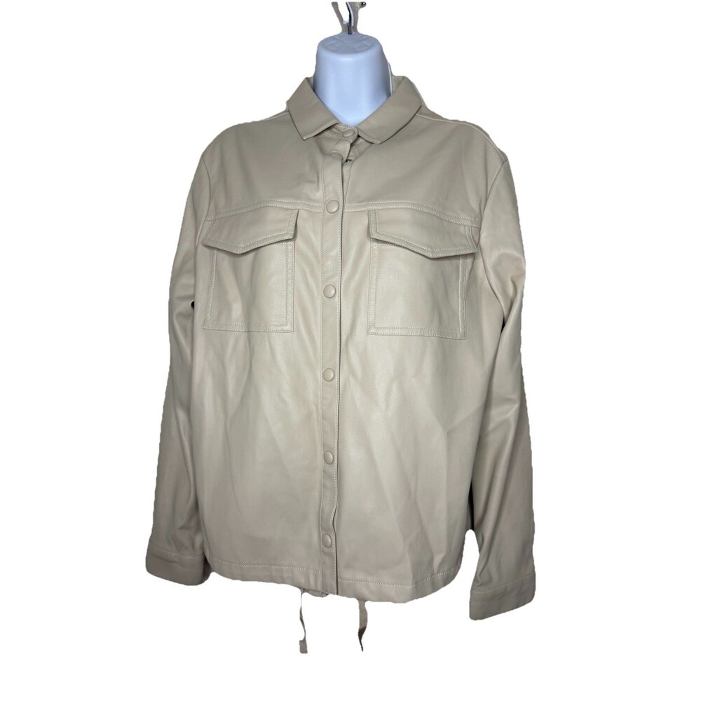 Punt Roma Beige Faux Vegan Leather Button Up Shirt Coat Jacket Shacket Sz S